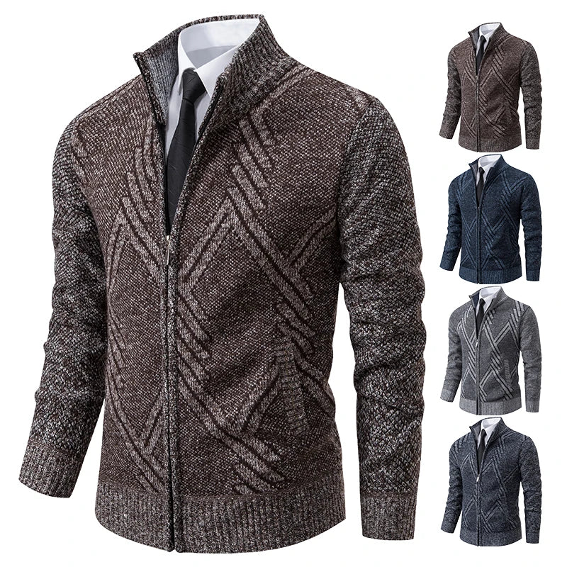LEYTON® Fleece-Lined Knit Cardigan – Brown & Blue
